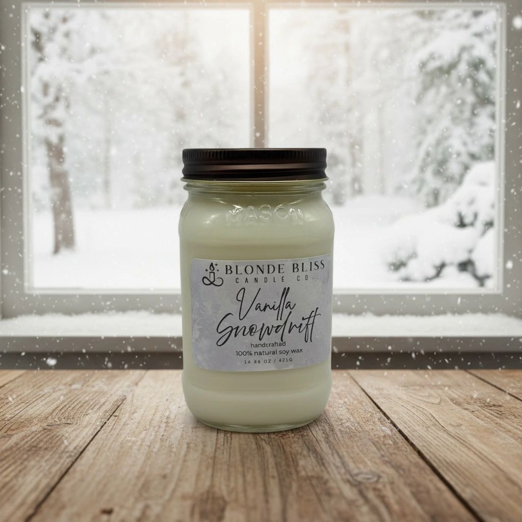Vanilla Snowdrift soy candle by Blonde Bliss on a wooden table with snowy window background.
