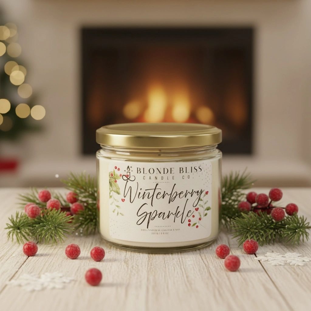 Winterberry Sparkle candle in a cozy holiday setting with pine and red berries.