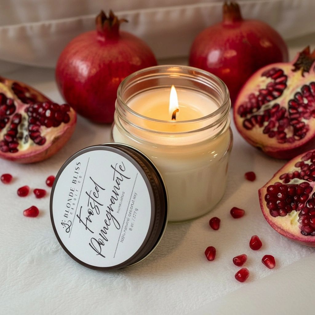 Lit candle with frosted pomegranate scent surrounded by fresh pomegranates and seeds.