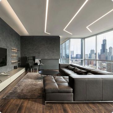 Linear lighting with perimeter light feature around the the ceiling 