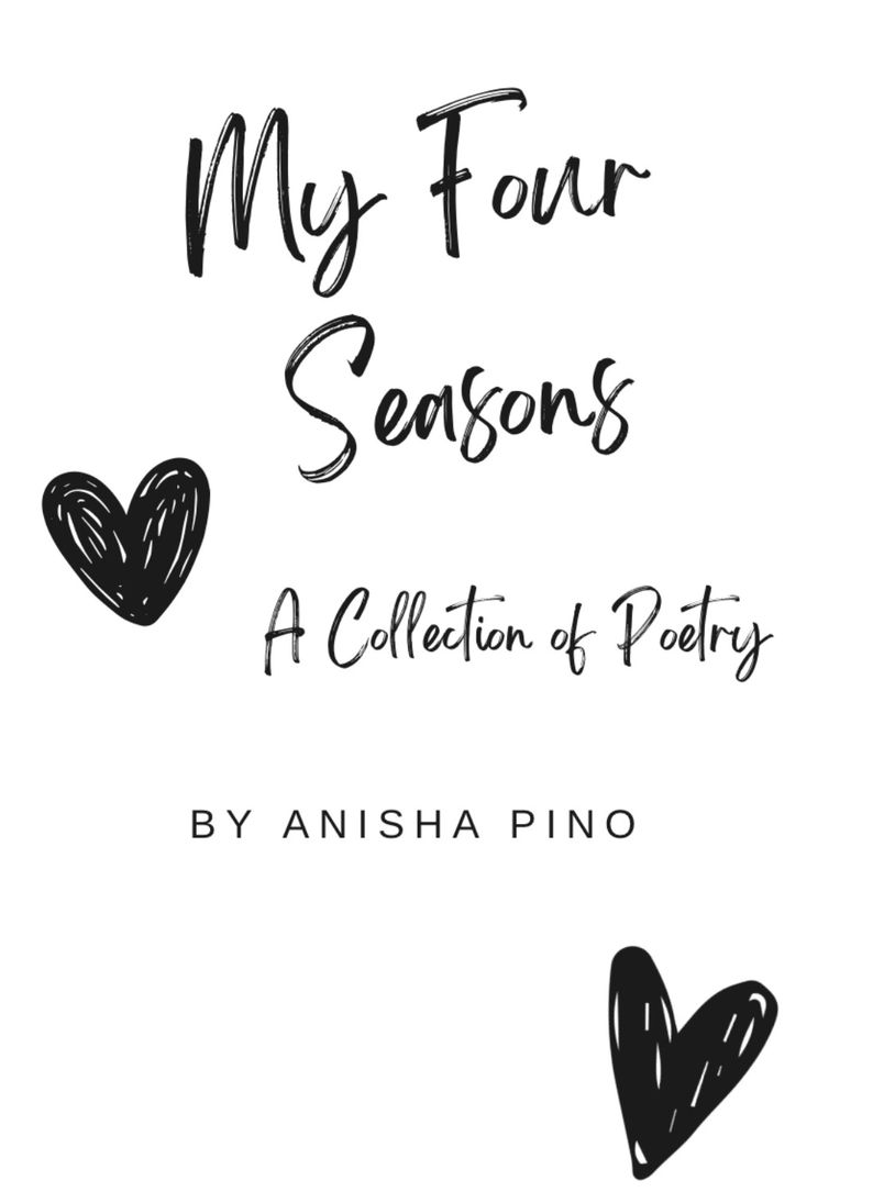 Book cover titled 'My Four Seasons' by Anisha Pino with heart illustrations.
