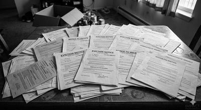 A pile of eviction notices spread out on a table indoors.