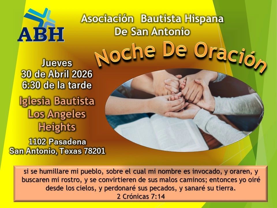 Flyer for Hispanic Baptist Association's Prayer Night in San Antonio, April 30, 2026.