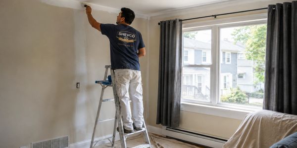 Painter on a ladder painting walls in a living room.