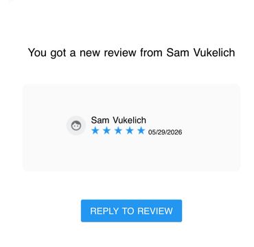 Notification of a new 5-star review from Sam Vukelich dated 05/29/2026.
