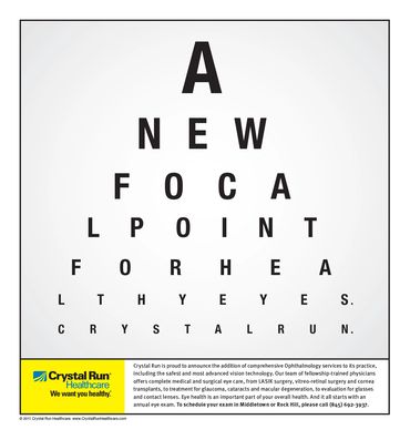 Eye chart ad for Crystal Run Healthcare.