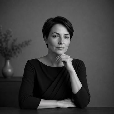 Black and white portrait of a thoughtful woman with short hair in a dark dress.