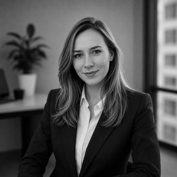 Professional woman in business attire posing confidently in an office.