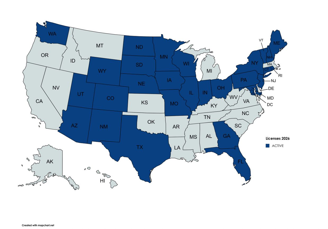 U.S. map showing states with active licenses in 2026 highlighted in blue.