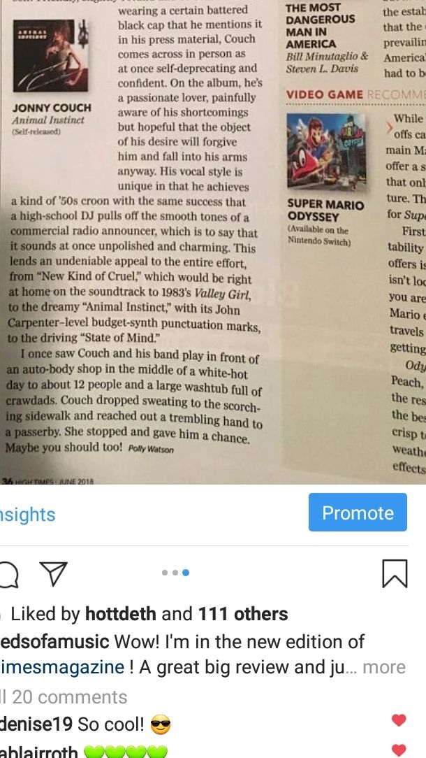 Magazine review of Jonny Couch's album Animal Instinct with a mention of Super Mario Odyssey game.