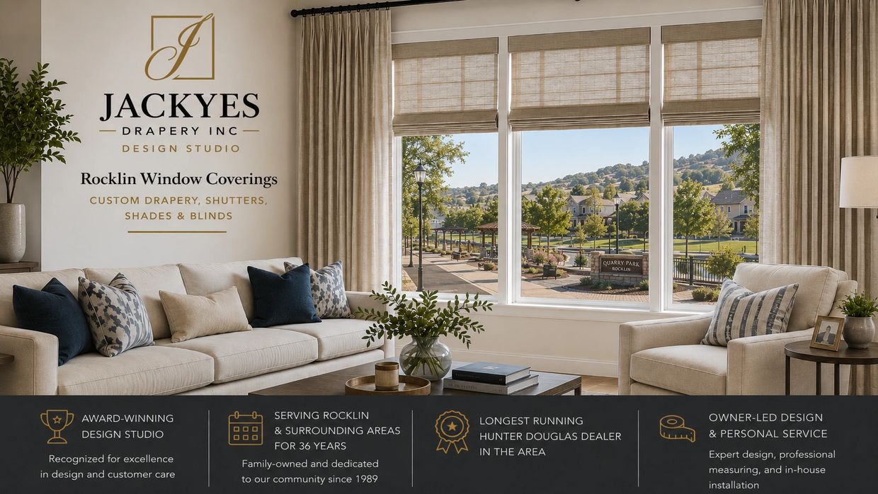 Elegant living room showcasing custom window coverings by Jackyes Drapery Inc.