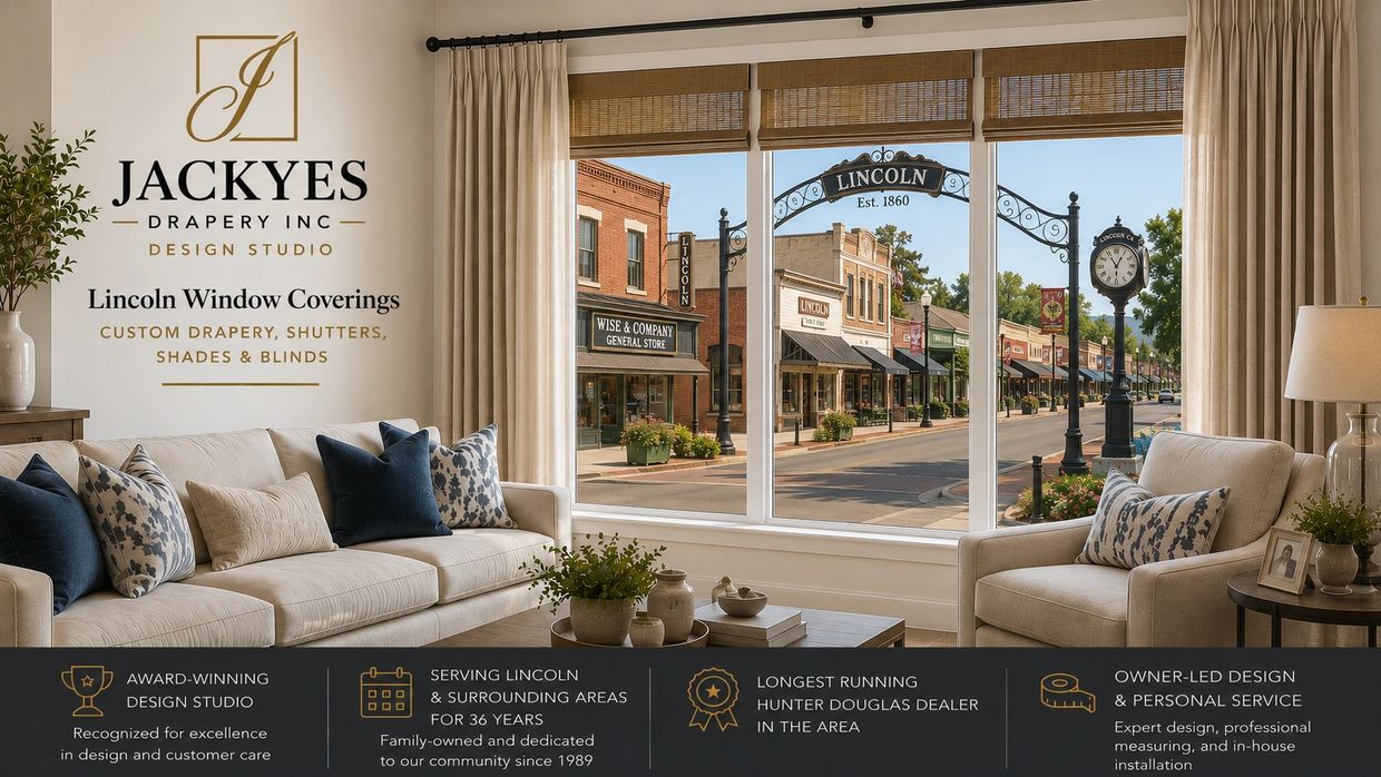 Elegant living room with custom drapery showcasing a charming downtown view through large windows.
