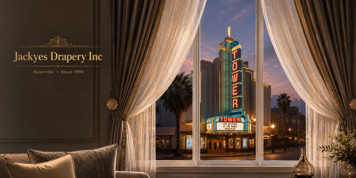Elegant drapes framing a city theater view at dusk.
