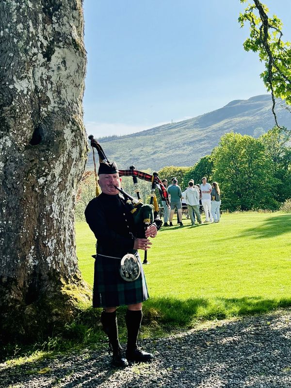 A piped welcome for our guests in the beautiful Scottish sunshine