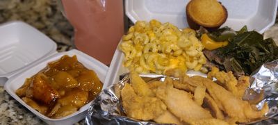 MON: Catfish, Mac & Cheese, Collards,Peach Cobbler, & Soothe Ya Thoat

$23