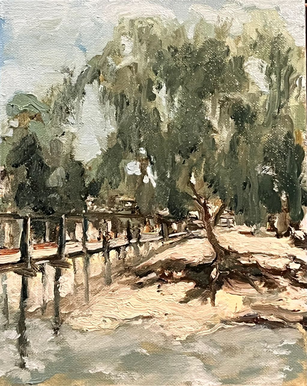Looking in from a fishing pier, a Florida landscape done plein air