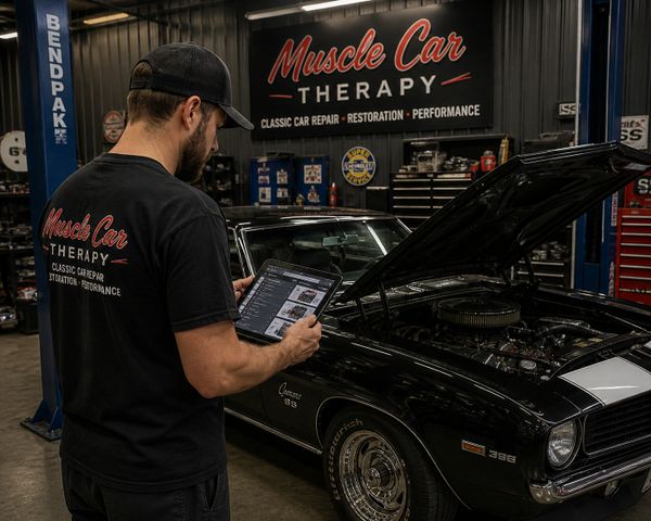 Mechanic using a tablet to diagnose a classic muscle car in a repair shop.