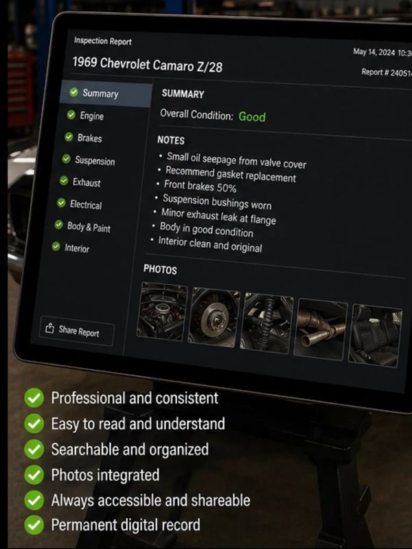 Digital inspection report for a 1969 Chevrolet Camaro Z/28 with detailed condition notes and photos.