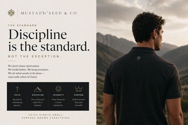 Motivational message emphasizing discipline, faith, integrity, and purpose by Mustard Seed &amp; Co.