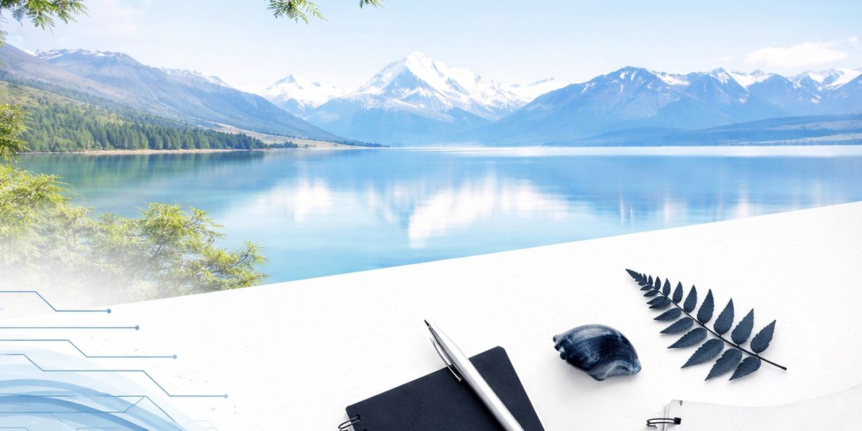 Serene mountain lake scene with a reflective surface and stationary objects on a white surface.