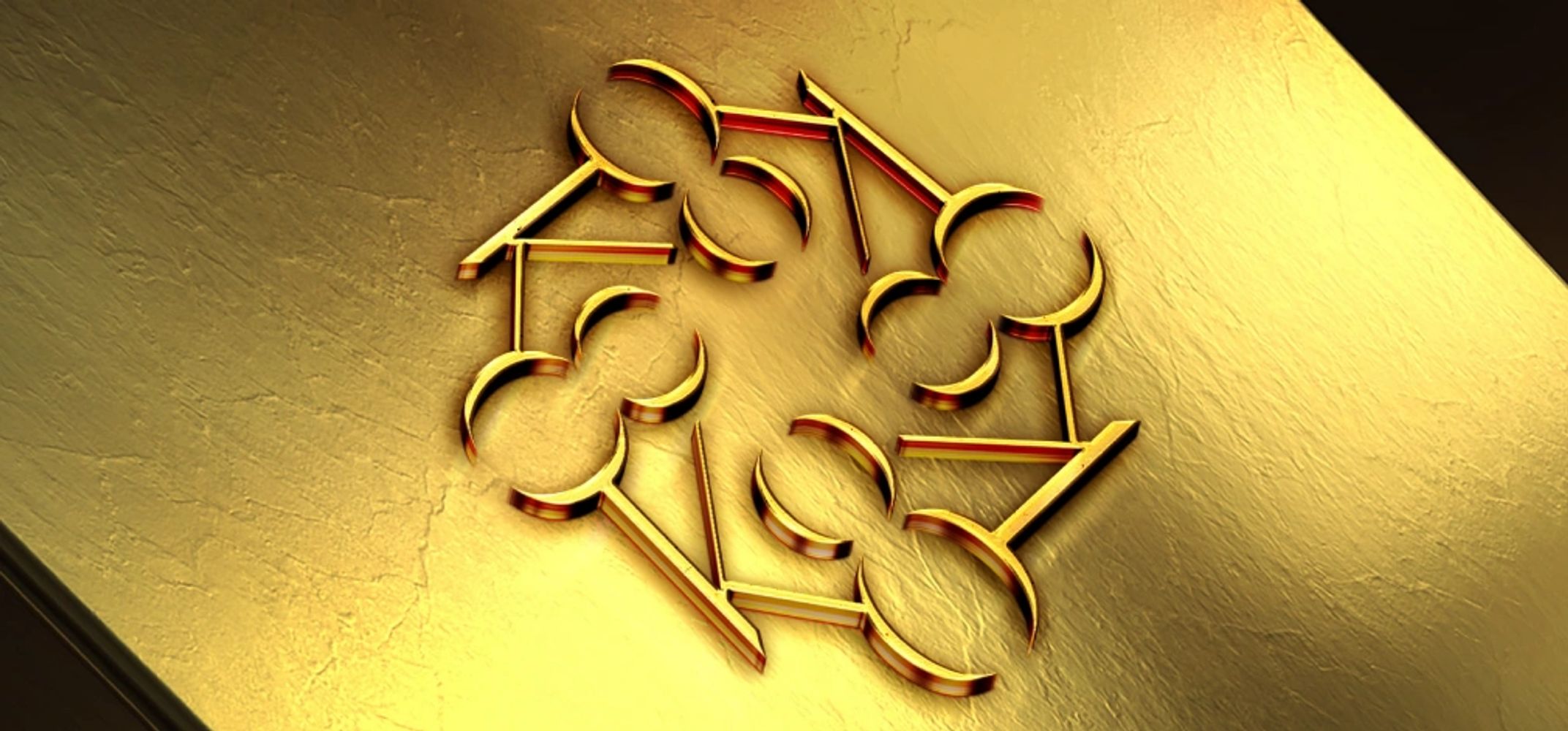 Golden interconnected figures forming a circular pattern on a textured surface.