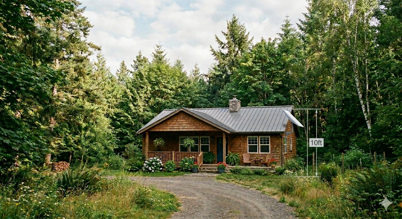 Cozy wooden cabin surrounded by lush green trees and a winding dirt path.