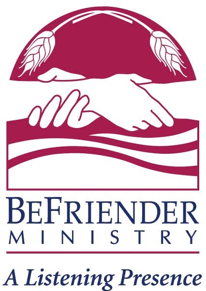 Logo of Befriender Ministry showing two hands shaking under wheat stalks.