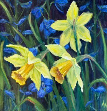 Painting of yellow daffodils with blue flowers.