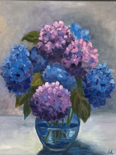 Painting of blue and purple hydrangeas in a blue vase.