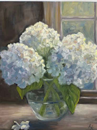 Painting of white hydrangeas in a glass vase by a window.