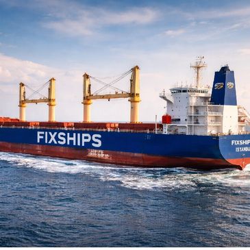 Large cargo ship named FIXSHIPS sailing on the ocean.