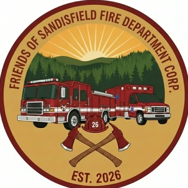 Logo of Friends of Sandisfield Fire Department with fire trucks and axes.