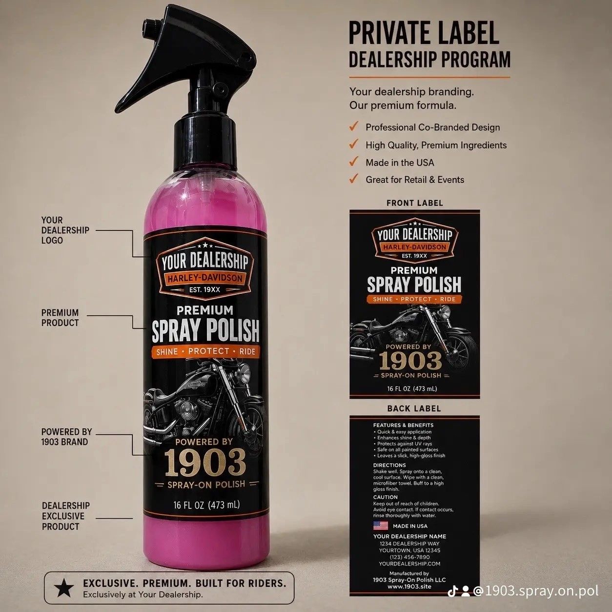 Spray polish bottle for motorcycles with customizable dealership branding.