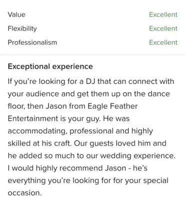 Review praising DJ Jason for excellent value, flexibility, and professionalism.