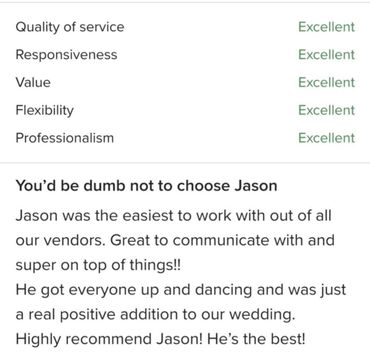Positive review praising Jason's excellent service and professionalism at a wedding.