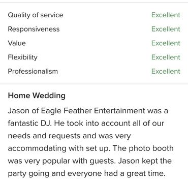 Wedding review praising DJ Jason and photo booth, all rated excellent.