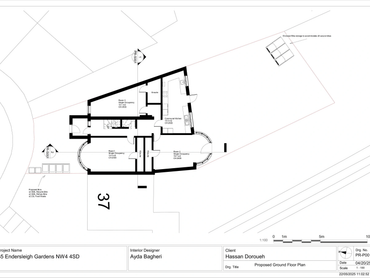 Architectural floor plan for a residential ground floor layout with labeled rooms and exterior details.