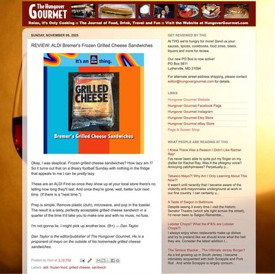 Screenshot of a blog post from THG reviewing ALDI Bremer's Frozen Grilled Cheese Sandwiches.