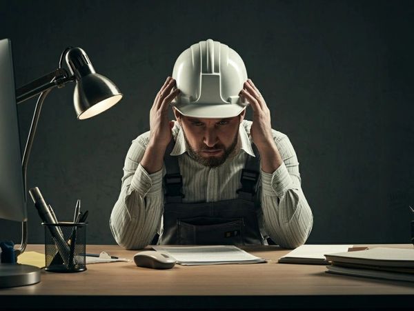 Stressed construction worker wearing a hard hat at a desk with paperwork.