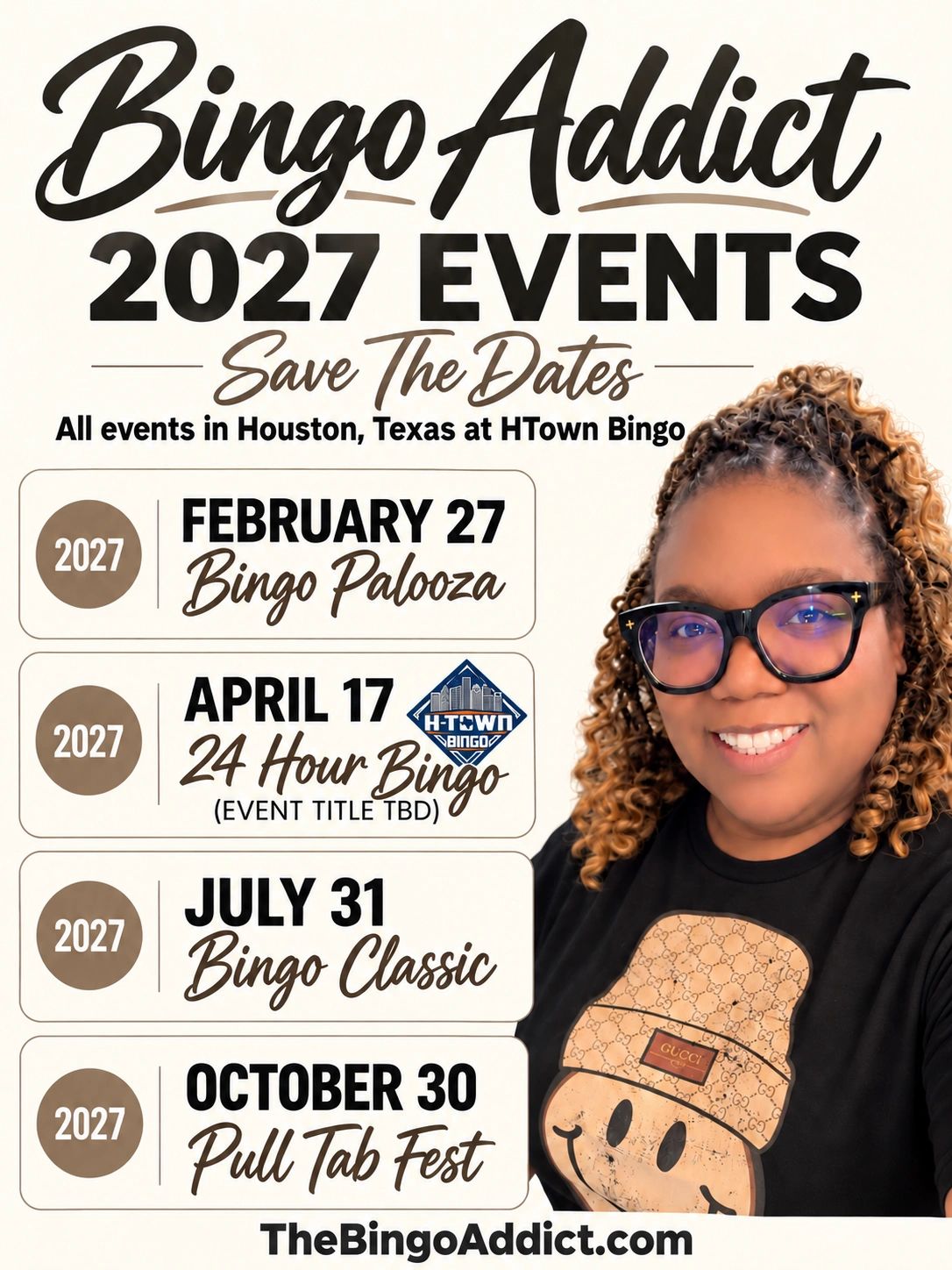 Bingo Addict 2027 events with dates and smiling woman.