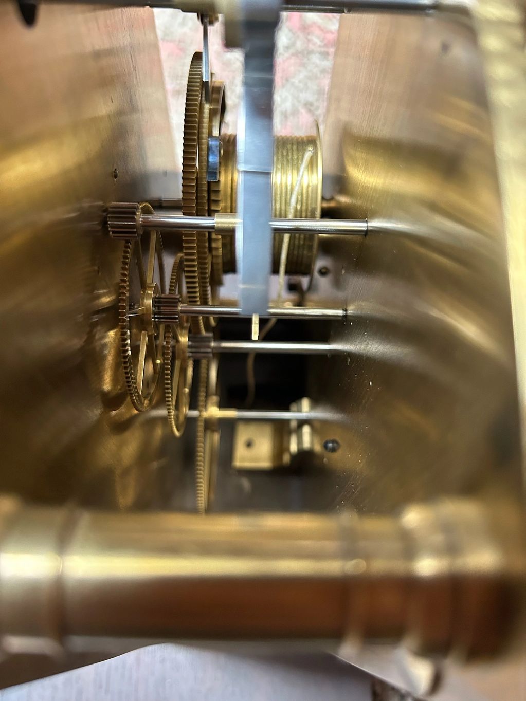 An artistic shot of the inside of a lantern clock