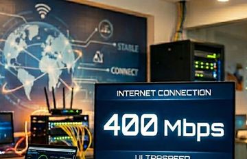 High-speed internet connection showing 400 Mbps in a tech setup.
