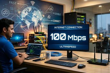 Man monitoring a 100 Mbps internet connection in a tech workspace.