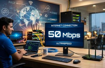 Man working on laptop with internet speed monitor showing 50 Mbps.