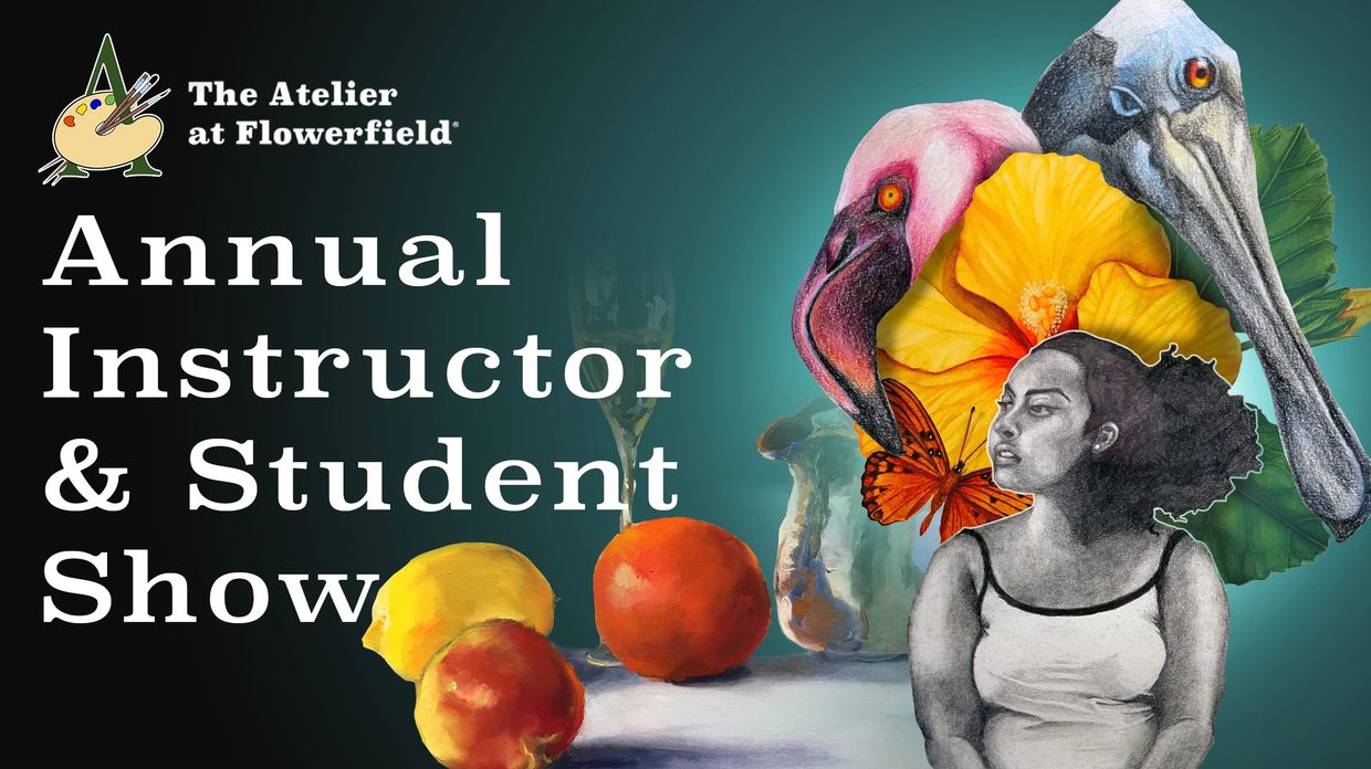 Instructor and student artwork combined into a graphic (girl, two birds, flower, butterfly, fruit).