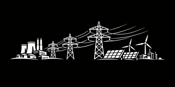 Illustration showing traditional and renewable energy sources connected by power lines.