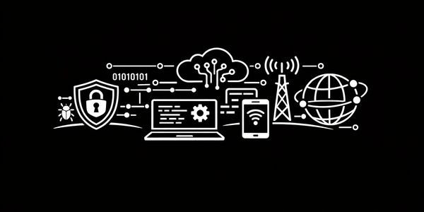 Illustration of cybersecurity and networking with icons of shield, cloud, laptop, and global internet.