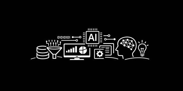 Illustration of AI technology and data processing on a black background.