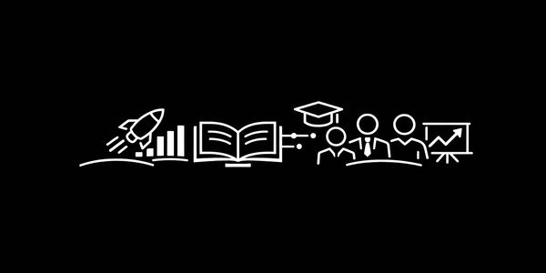 Line icons depicting growth, education, teamwork, and success on a black background.