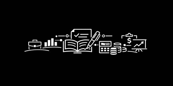 White line icons of finance and accounting on black background.